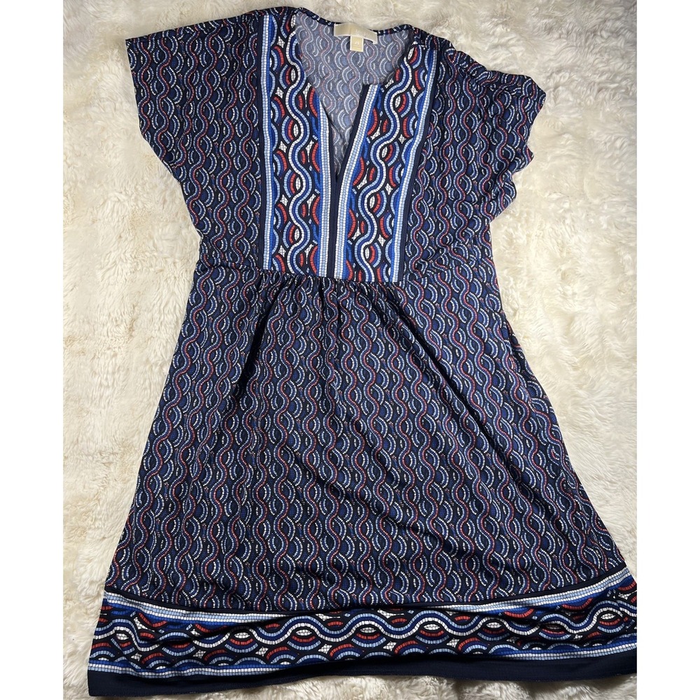MICHAEL Michael Kors Womens XS Shift Tunic Dress Blue Geometric Print V-Neck A6